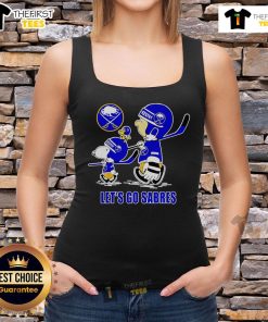 Alt Text: Top Peanuts tank top featuring Snoopy, Charlie Brown, and Woodstock supporting Buffalo Sabres - Let's Go Sabres!