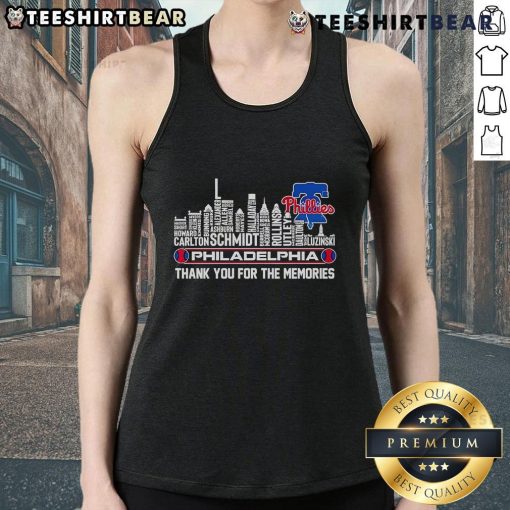 Top Philadelphia Phillies Skyline tank top featuring city name and 'Thank You For The Memories' design, perfect for fans.