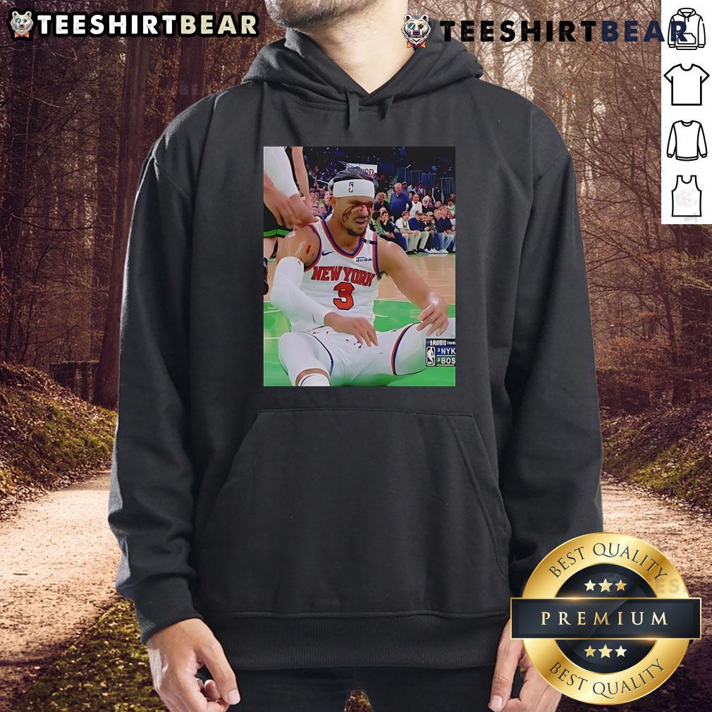 Top Photos Of Josh Hart After Getting Elbowed In The Face Hoodie Josh Hart reacting after getting elbowed in the face, wearing a hoodie, showcasing a mix of surprise and determination.