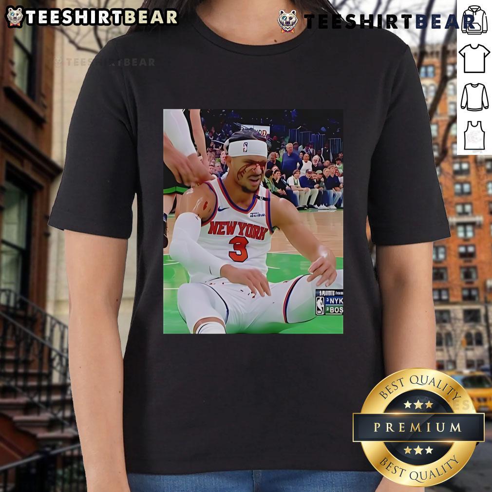 Top Photos Of Josh Hart After Getting Elbowed In The Face Ladies Tee Josh Hart grimacing after getting elbowed in the face during a game, captured in a vibrant ladies tee design.
