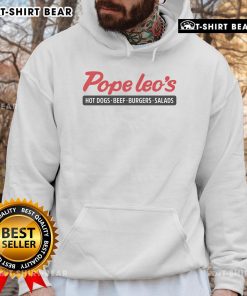 Top Pope Leo's Hot Dogs Beef Burgers Salads hoodie featuring a stylish design perfect for food lovers and casual wear.