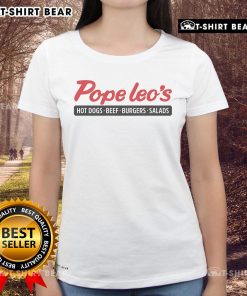 Top Pope Leo's hot dogs, beef burgers, and salads displayed on a ladies' tee, perfect for food lovers.