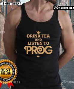 Top Prog Magazine tank top featuring tea and music elements, perfect for prog rock fans who love to relax.