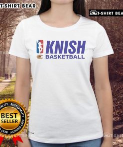 Rachel Green wearing a Knish Knicks basketball logo ladies tee, showcasing a stylish and sporty look.