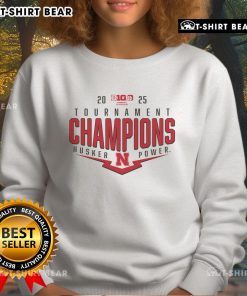 Alt Text: Scarlet Nebraska Huskers 2025 Big Ten Baseball Conference Tournament Champions sweatshirt showcasing team pride.