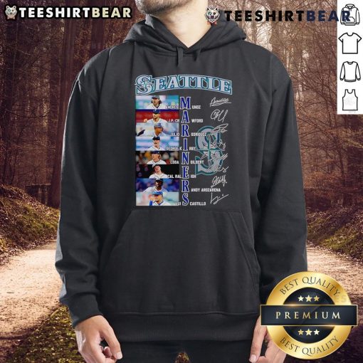 Alt Text: Seattle Mariners hoodie featuring signatures of Andres Munoz, JP Crawford, and Julio Rodriguez, perfect for fans.
