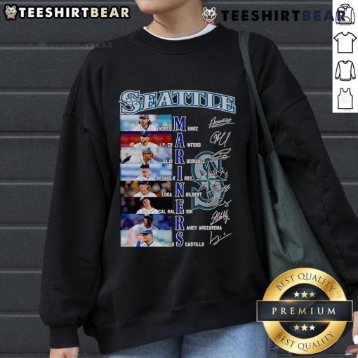 Alt Text: Seattle Mariners sweatshirt featuring signatures of Andres Munoz, JP Crawford, and Julio Rodriguez. Perfect fan gear!
