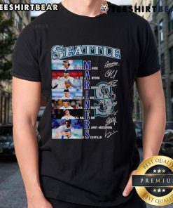 Top Seattle Mariners Andres Munoz, JP Crawford, Julio Rodriguez signature T-shirt featuring team colors and player autographs.