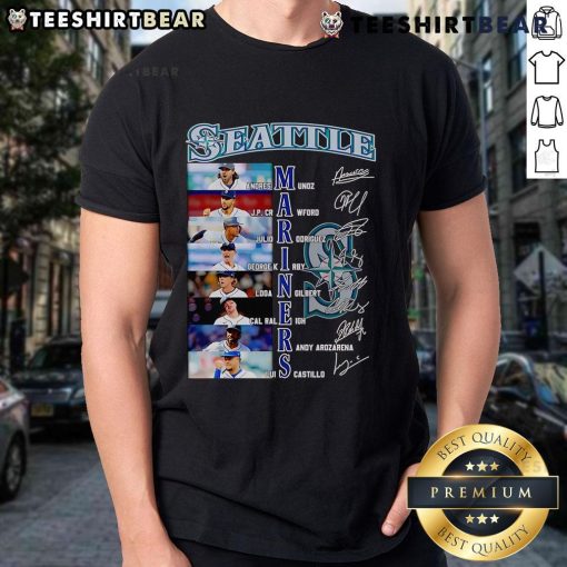 Top Seattle Mariners Andres Munoz, JP Crawford, Julio Rodriguez signature T-shirt featuring team colors and player autographs.