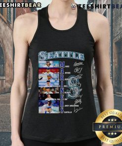 Seattle Mariners tank top featuring signatures of Andres Munoz, JP Crawford, and Julio Rodriguez, perfect for fans.