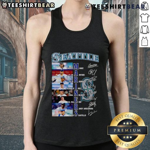 Seattle Mariners tank top featuring signatures of Andres Munoz, JP Crawford, and Julio Rodriguez, perfect for fans.