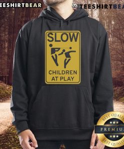 Child wearing a 'Slow Children At Play' hoodie, promoting safety and awareness in neighborhood play areas.