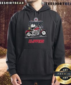 Snoopy and Woodstock riding a motorbike in a stylish LA Clippers hoodie, showcasing a fun and vibrant design.