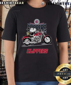 Alt Text: Snoopy and Woodstock riding a motorbike on a LA Clippers ladies tee, showcasing fun and team spirit.