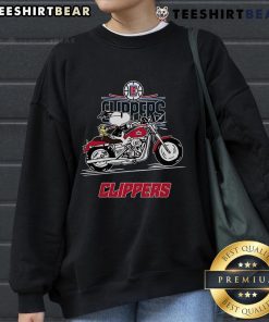 Alt Text: Snoopy and Woodstock driving a motorbike on a vibrant LA Clippers sweatshirt, showcasing fun sports-themed apparel.