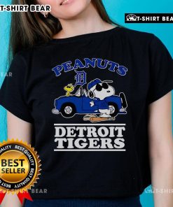Detroit Tigers ladies tee featuring Snoopy and Woodstock from Peanuts, perfect for fans and casual wear.