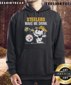 Top Snoopy and Woodstock Pittsburgh Steelers 'Make Me Drink' hoodie design featuring vibrant team colors and characters.