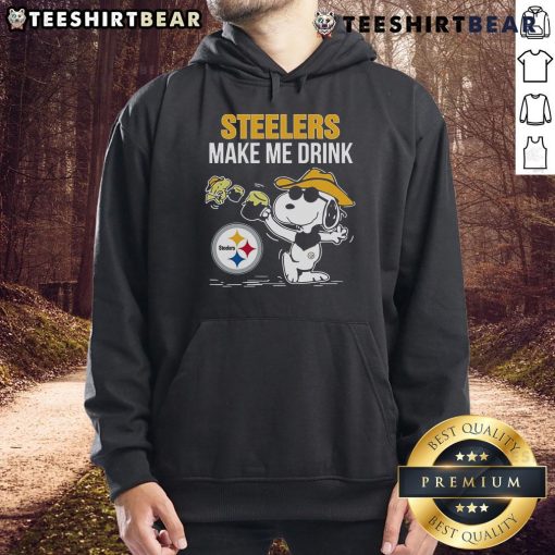 Top Snoopy and Woodstock Pittsburgh Steelers 'Make Me Drink' hoodie design featuring vibrant team colors and characters.