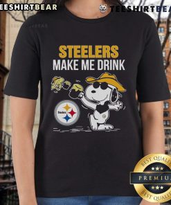 Top Snoopy and Woodstock Pittsburgh Steelers Make Me Drink ladies tee featuring vibrant graphics for NFL fans.
