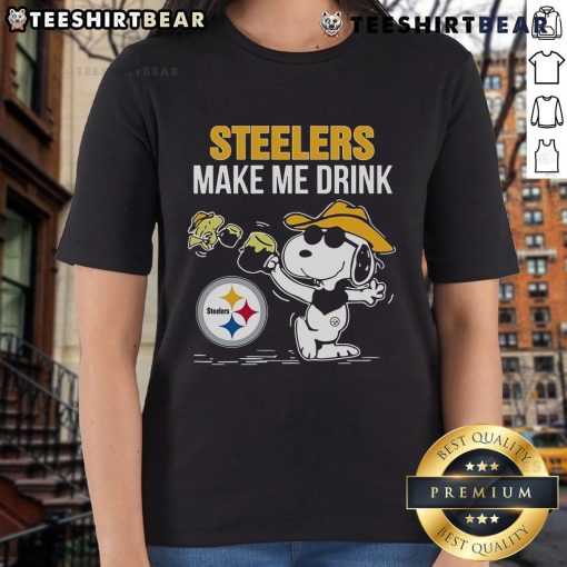 Top Snoopy and Woodstock Pittsburgh Steelers Make Me Drink ladies tee featuring vibrant graphics for NFL fans.