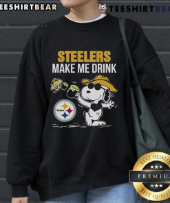 Top Snoopy and Woodstock Pittsburgh Steelers Make Me Drink sweatshirt in black, perfect for fans and cozy wear.