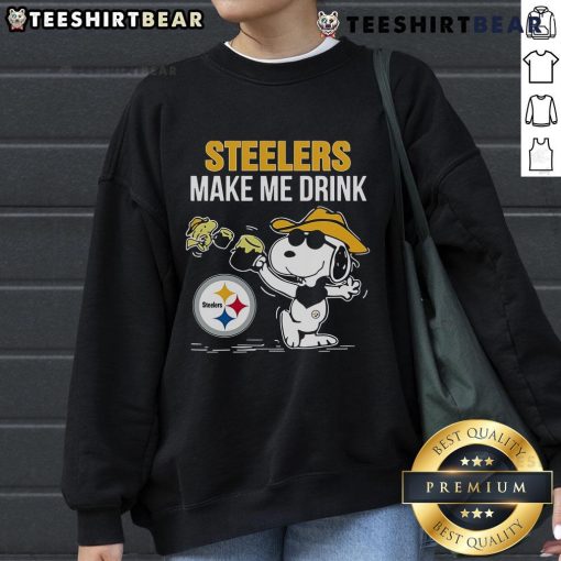 Top Snoopy and Woodstock Pittsburgh Steelers Make Me Drink sweatshirt in black, perfect for fans and cozy wear.