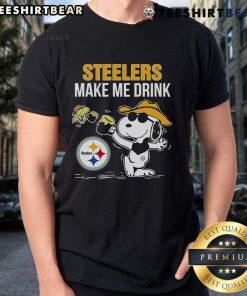 Top Snoopy and Woodstock Pittsburgh Steelers Make Me Drink T-Shirt design featuring cartoon characters in Steelers gear.