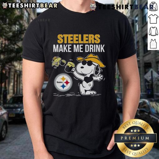 Top Snoopy and Woodstock Pittsburgh Steelers Make Me Drink T-Shirt design featuring cartoon characters in Steelers gear.