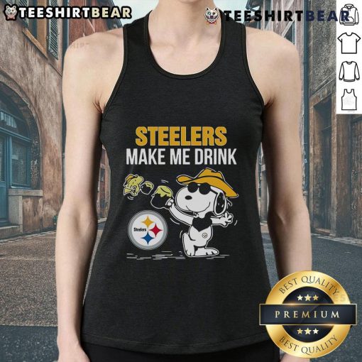 Top Snoopy and Woodstock Pittsburgh Steelers Make Me Drink Tank Top featuring playful design for Steelers fans.