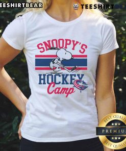 Top Snoopy Calgary Flames Camp Snoopy NHL All Teams ladies tee featuring Snoopy in team colors and logo.