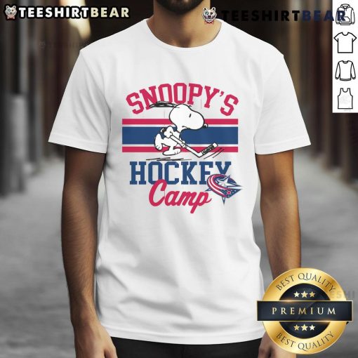 Top Snoopy Columbus Blue Jackets T-Shirt featuring Snoopy at Camp Snoopy for NHL fans of all teams.