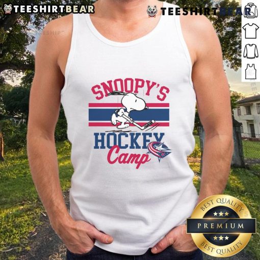 Alt Text: Top Snoopy Columbus Blue Jackets Camp Snoopy NHL tank top featuring Snoopy in team colors, perfect for fans.