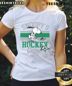 Ladies tee featuring Snoopy and Dallas Stars logo from Camp Snoopy, perfect for NHL fans and stylish game day wear.