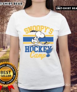 Top Snoopy St. Louis Hockey Camp ladies tee featuring Snoopy and NHL teams, perfect for hockey fans and Snoopy lovers.