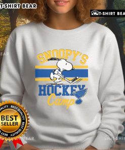 Top Snoopy St. Louis Hockey Camp sweatshirt featuring Snoopy and NHL team logos, perfect for fans and players alike.