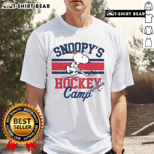 Top Snoopy Washington Capitals T-Shirt featuring Snoopy at Hockey Camp, perfect for NHL fans and collectors.