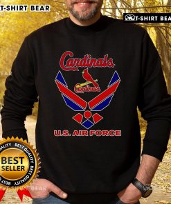 Alt Text: Cozy sweatshirt featuring the St. Louis Cardinals logo and the US Air Force emblem, perfect for fans and veterans.