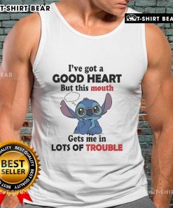 Alt Text: Top Stitch I've Got A Good Heart But This Mouth Gets Me In Lots Of Trouble tank top design in vibrant colors.