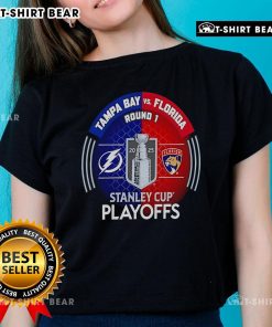 Alt Text: 2025 Stanley Cup Playoffs: Tampa Bay Lightning vs Florida Panthers ladies tee featuring a hockey match-up design.