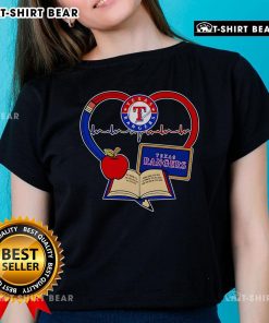Top Teacher Pencil Apple Heart Texas Rangers Ladies Tee - Stylish shirt celebrating educators and baseball fans.