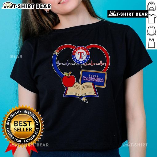 Top Teacher Pencil Apple Heart Texas Rangers Ladies Tee - Stylish shirt celebrating educators and baseball fans.