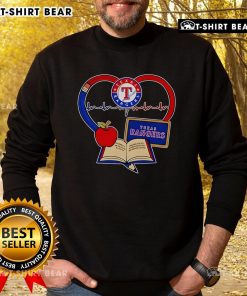 Top Teacher sweatshirt featuring pencil, apple, heart, and Texas Rangers logo, perfect for proud educators and fans.