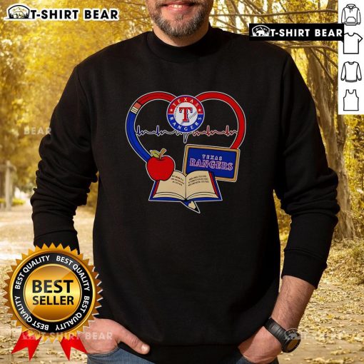 Top Teacher sweatshirt featuring pencil, apple, heart, and Texas Rangers logo, perfect for proud educators and fans.