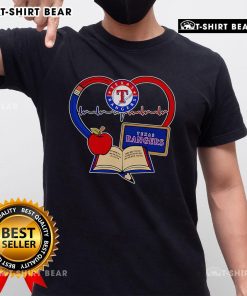 Top Teacher Pencil Apple Heart Texas Rangers T-Shirt design featuring a colorful graphic for proud educators and baseball fans.