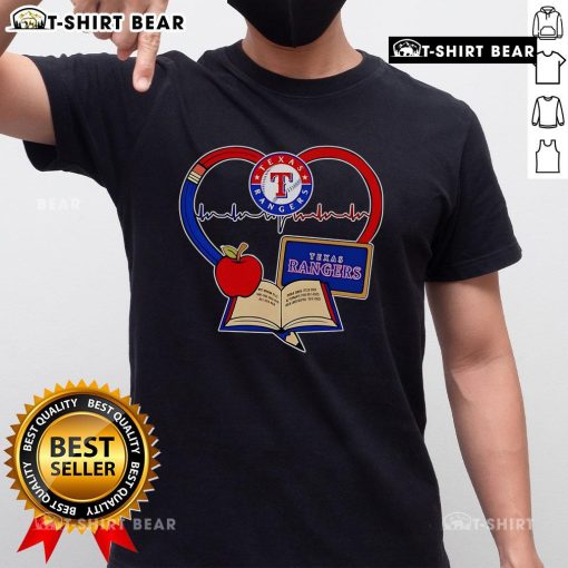 Top Teacher Pencil Apple Heart Texas Rangers T-Shirt design featuring a colorful graphic for proud educators and baseball fans.
