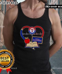 Alt Text: Top Teacher Pencil Apple Heart Texas Rangers Tank Top design showcasing a fun, educational theme for teachers.