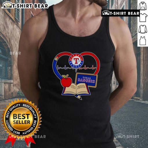 Alt Text: Top Teacher Pencil Apple Heart Texas Rangers Tank Top design showcasing a fun, educational theme for teachers.