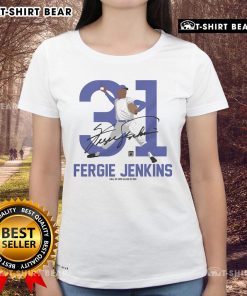 Top Team Brown Fergie Jenkins Baseball Hall of Fame member signature on ladies tee shirt, perfect for baseball fans.