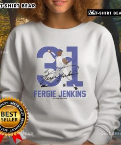 Alt Text: Fergie Jenkins Baseball Hall of Fame member signature sweatshirt, showcasing top team pride and memorabilia.