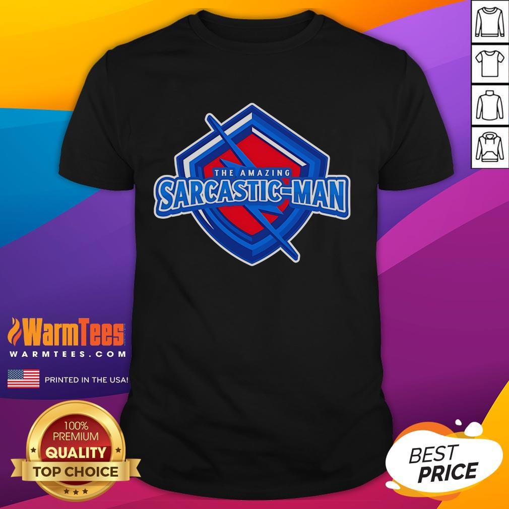 Top The Amazing Sarcastic Man Logo T Shirt Alt Text: Top The Amazing Sarcastic-Man Logo T-Shirt featuring a vibrant design of the iconic sarcastic superhero logo.